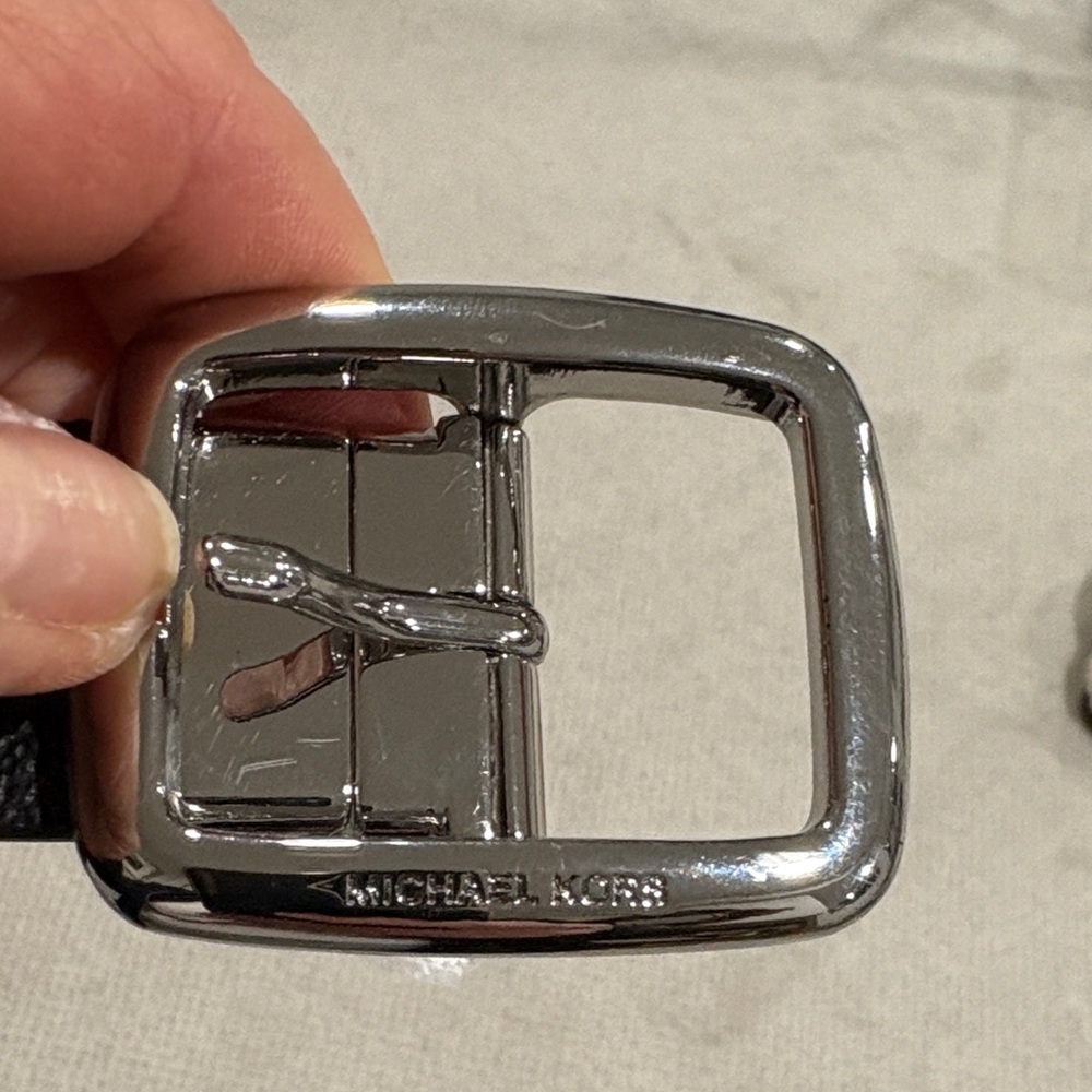 MICHAEL Michael Kors Black with Brown Reverse Logo-Print Belt with Silver Buckle - Picture 8 of 9